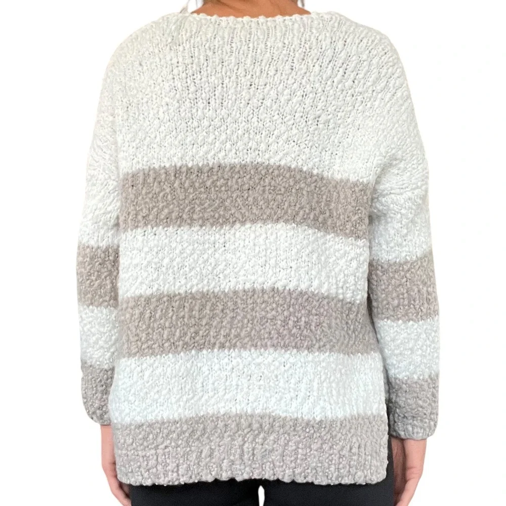 Altar'd State Womens M Cream Taupe Striped Popcorn Knit V-Neck Sweater Boho Cozy